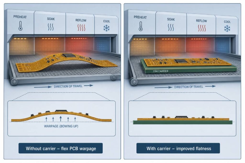 Illustration comparing flex PCB warpage during reflow without a carrier versus flat behaviour on a rigid carrier fixture.