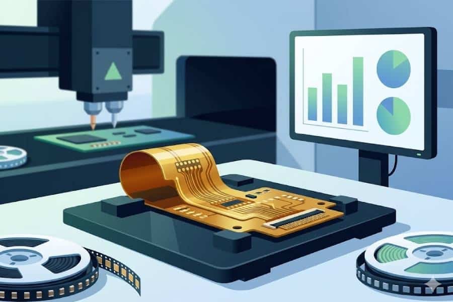 Illustration of small-batch flexible PCB assembly on an SMT line with a flexible circuit board on a carrier and cost analysis in the background