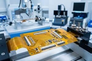 Flexible PCB assembly cover image showing a curved flex circuit board, connectors, stiffeners, and mounted components on a clean manufacturing workbench.