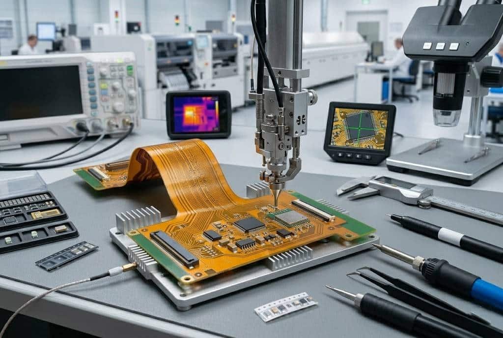 Flexible PCB assembly process illustration showing the board secured on a fixture during soldering and component placement.