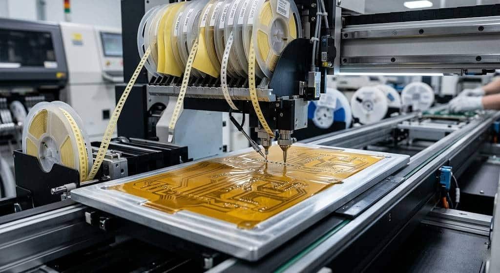 Flexible PCB panels on a rigid carrier running through an SMT pick-and-place machine for small-batch assembly.