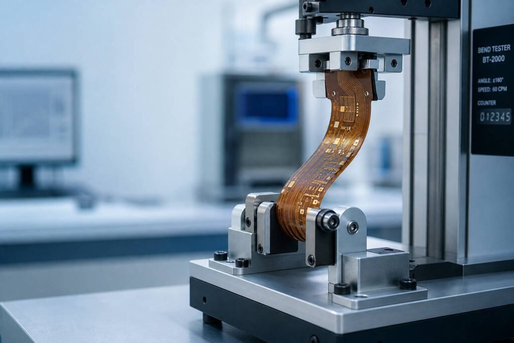 Flexible PCB bend cycle testing on a laboratory fixture