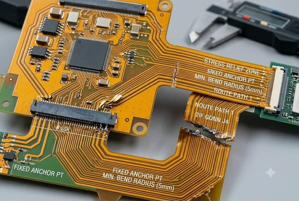 Flexible PCB failure modes infographic showing cracked traces, lifted pads, and connector stress issues.
