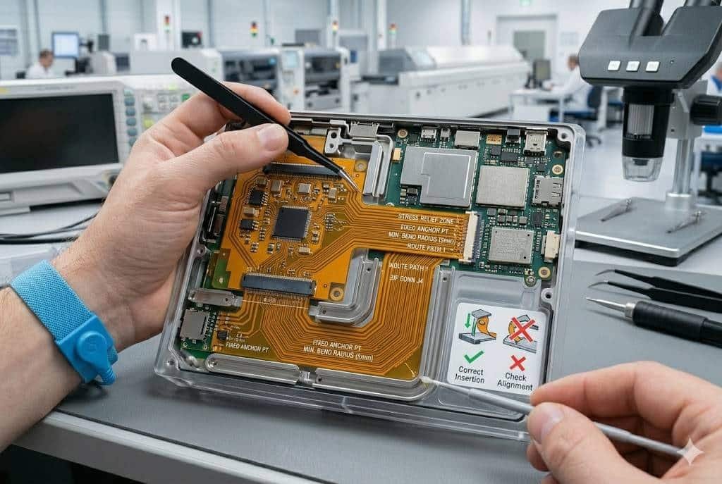 Flexible PCB installation scene showing a flex circuit routed through a connector area with controlled strain relief.