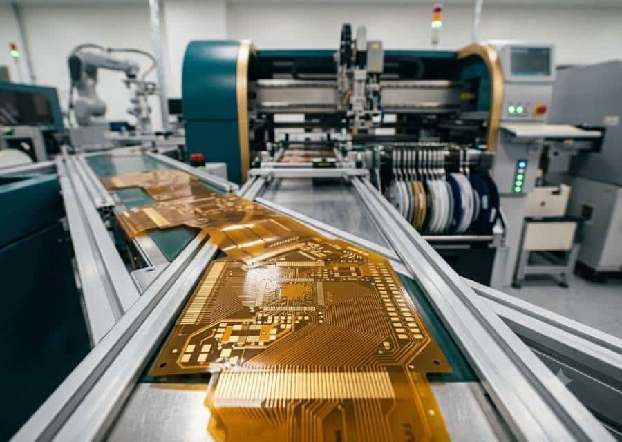 Close-up of a polyimide flexible PCB with fine copper traces and gold ENIG pads on a precision manufacturing conveyor belt inside a clean automated fabrication facility.