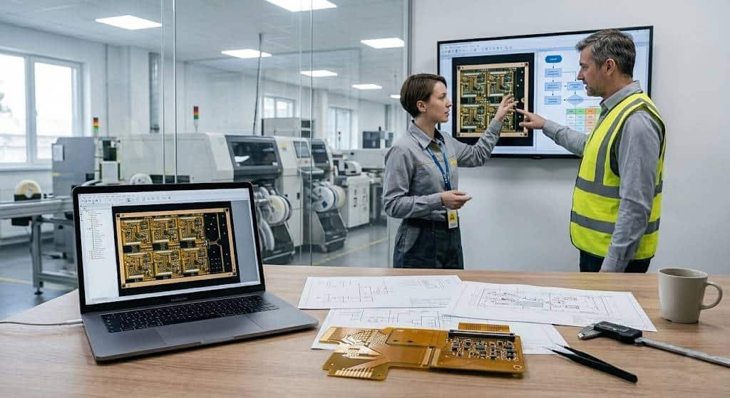 Engineers reviewing flexible PCB panelization and cost on a laptop with flex board samples and drawings on the desk.