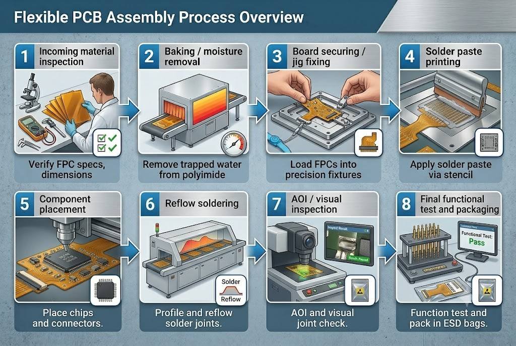 Flexible PCB assembly process flowchart showing incoming inspection, baking, jig fixing, solder paste printing, component placement, reflow soldering, AOI inspection, and final functional testing.