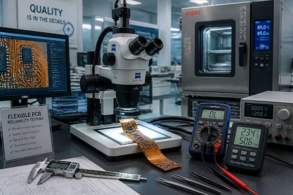 Flexible PCB quality inspection in an electronics lab with microscope and measurement tools