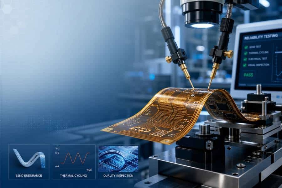 Flexible PCB reliability testing cover with a flex circuit and lab inspection tools