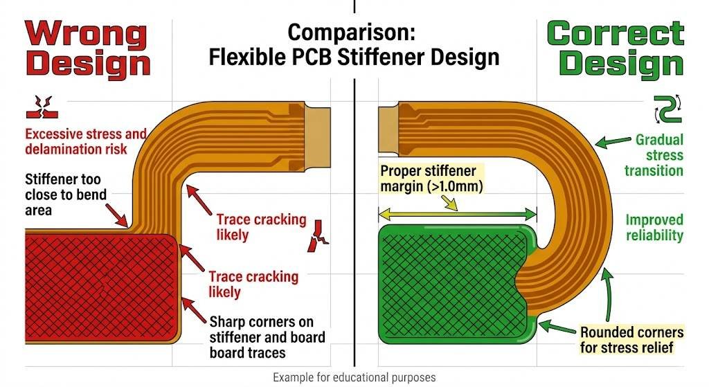 flexible pcb stiffener design comparison wrong vs correct