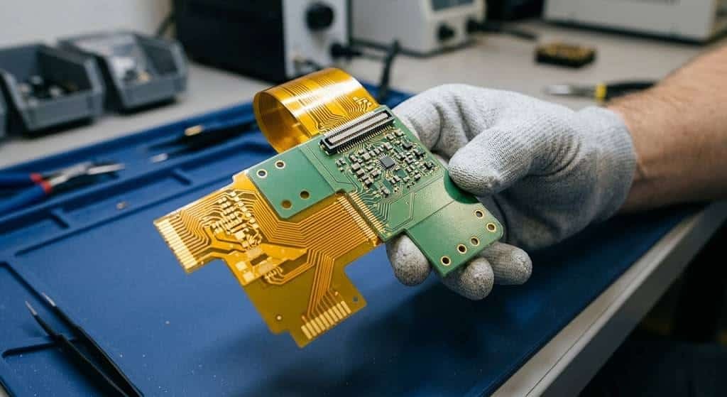 Close-up of a flexible PCB with FR4 stiffeners under connector and SMT component areas to support assembly and bending.