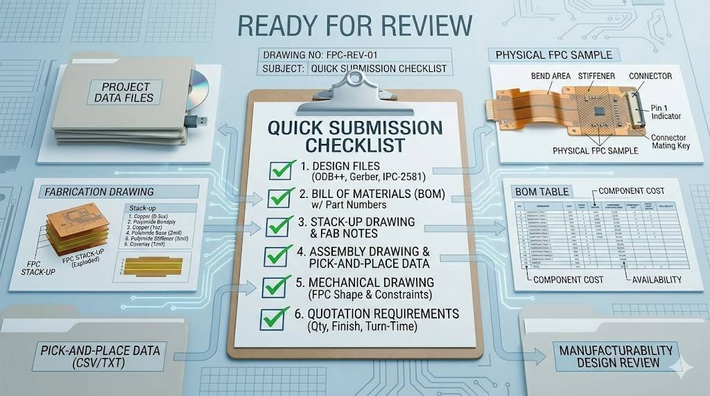 Flexible PCB assembly quote submission checklist with files and requirements.