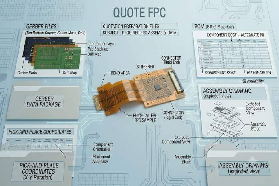Flexible PCB assembly quote files on a clean technical desk.