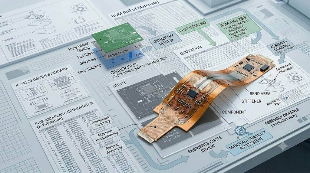 Gerber, BOM, pick-and-place, and assembly drawing files for flexible PCB assembly quotes.