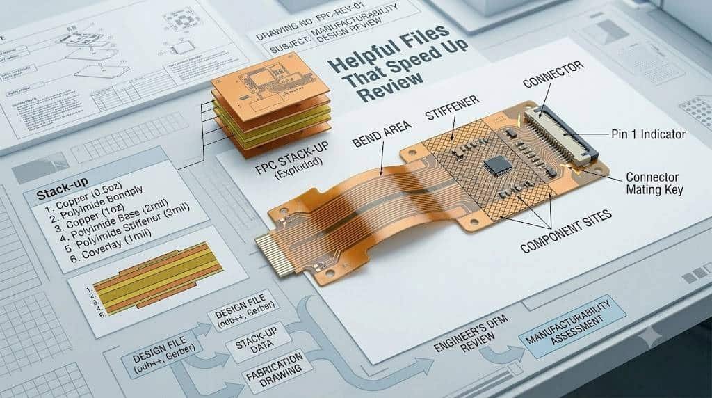 Flexible PCB stack-up, stiffener, and bend area illustration for quote review.