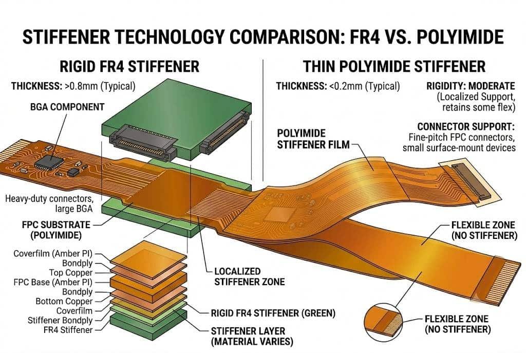 Technical comparison infographic of rigid FR4 stiffener vs thin polyimide stiffener for FPC, showing specifications for thickness, rigidity, connector support, and typical SMT manufacturing applications.
