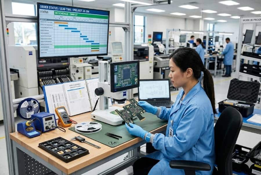 Flexible PCB lead time planning scene showing a flex circuit, schedule board, BOM sheets, and inspection tools