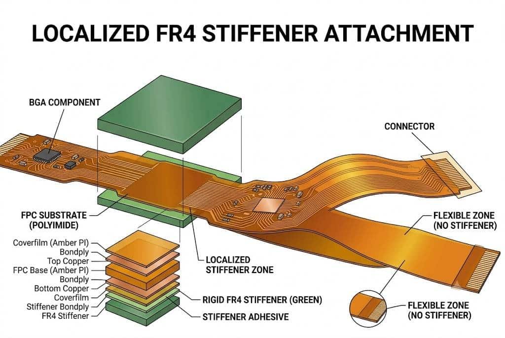 Technical illustration of localized FR4 stiffener attachment on a flexible PCB, featuring a detailed FPC layer stackup diagram with labels for BGA component zone, connector zone, and coverfilm layers.