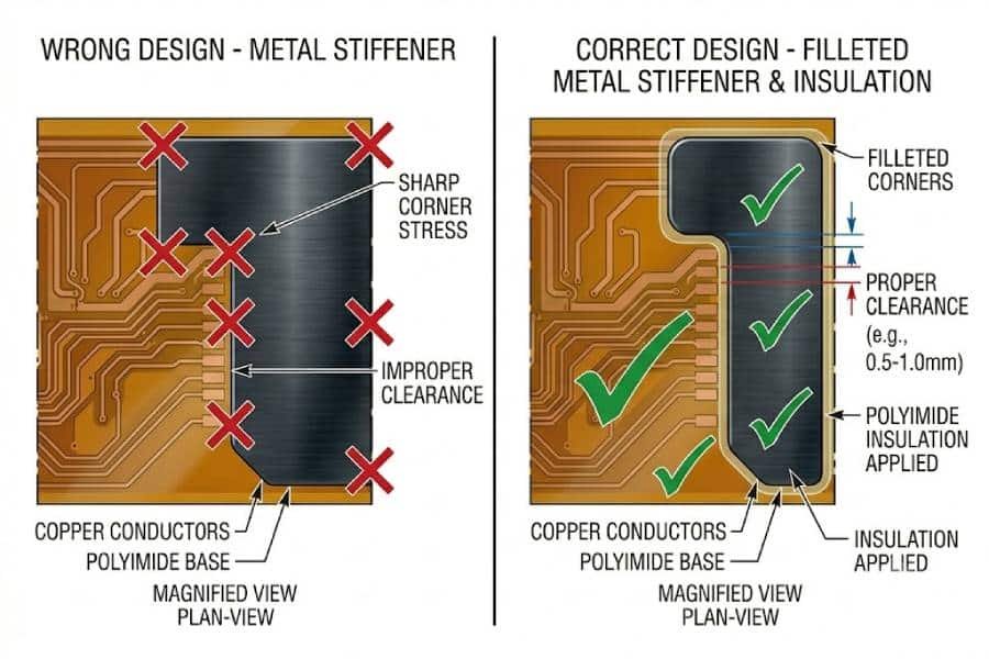 metal stiffener design mistakes correct vs incorrect