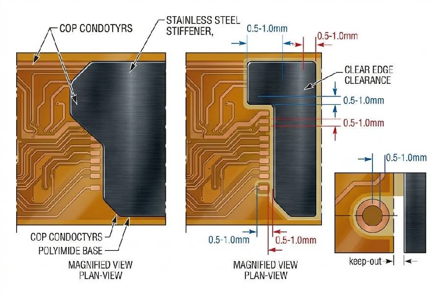 Diagram showing electrical isolation design for metal stiffener on flexible PCB with edge clearance to copper traces