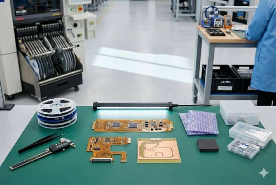 Flex PCB small-batch production scene with multiple flexible circuit samples, component reels, and packaging materials