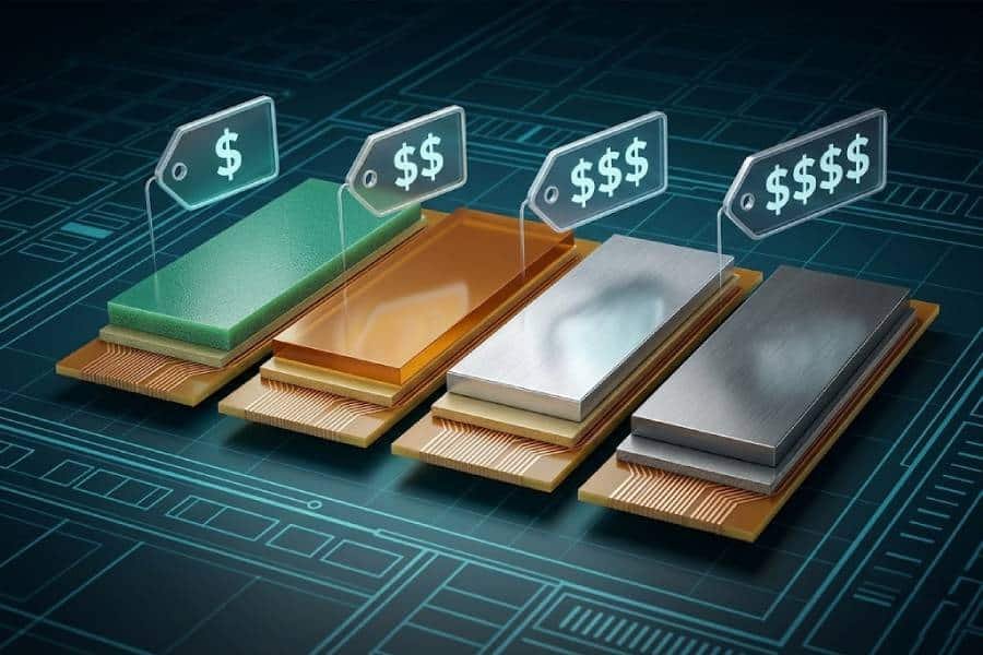 Cross-section comparison of flex PCB stiffener materials (FR-4, polyimide, aluminum, stainless steel) with cost level indicators, illustrating how different stiffener choices impact flexible circuit pricing