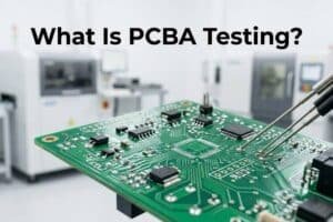 PCBA testing on an assembled circuit board with test probes in a clean electronics manufacturing environment.