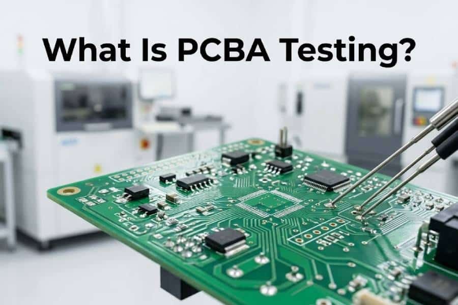 PCBA testing on an assembled circuit board with test probes in a clean electronics manufacturing environment.