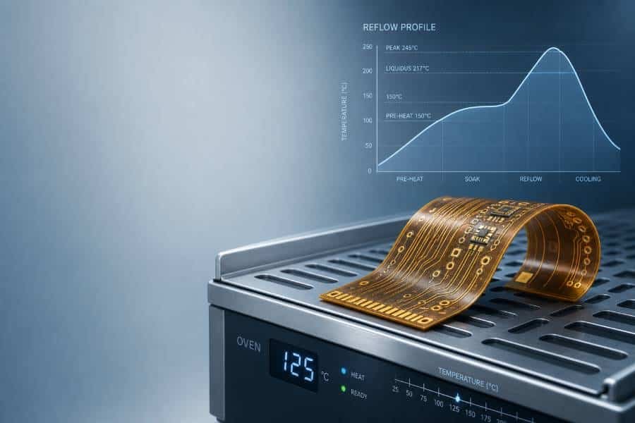 Flexible PCB pre-bake and reflow process cover image showing a flex circuit on an industrial oven tray with thermal control concept