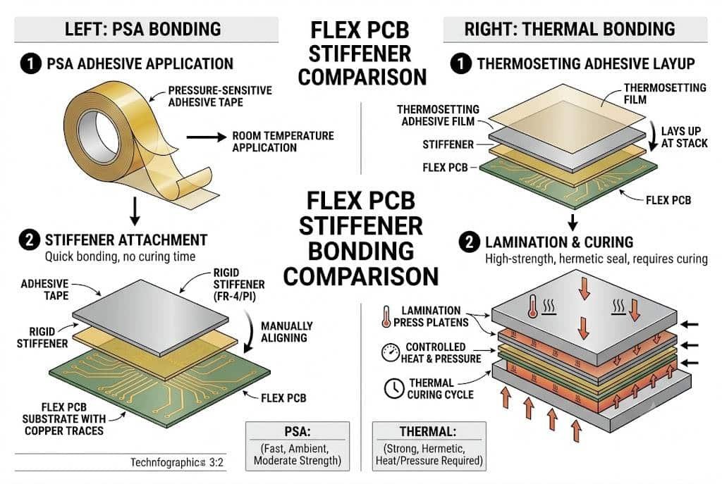 PSA vs thermal bonding comparison diagram for flex PCB stiffeners.
