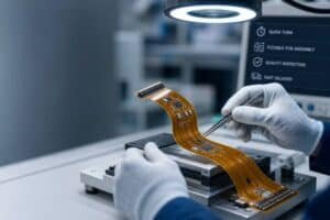 Quick-turn flexible PCB assembly cover image showing a flex circuit being assembled in a modern electronics manufacturing setting