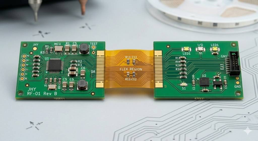 Rigid-flex PCB assembly with rigid sections connected by a flexible section.