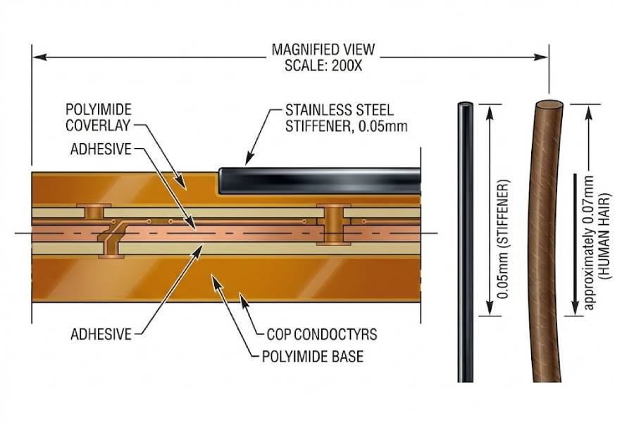 Cross-section view of a 0.05mm ultra-thin stainless steel stiffener on flexible PCB compared to human hair scale