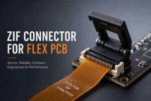 ZIF connector with flex PCB tail inserted into a locking connector, technical cover image for flex PCB article