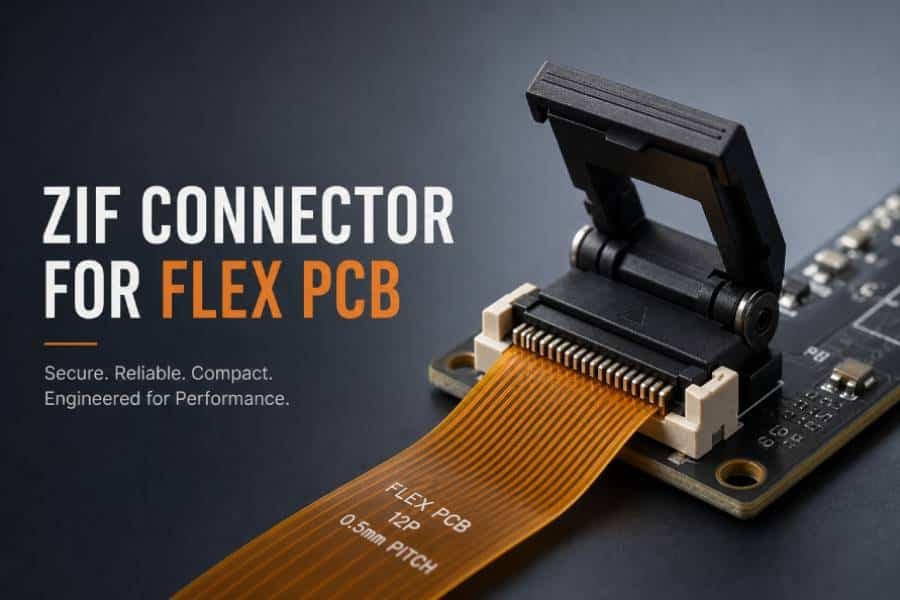 ZIF connector with flex PCB tail inserted into a locking connector, technical cover image for flex PCB article