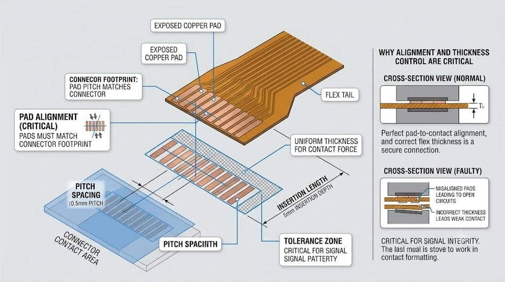 Flex PCB design diagram showing pad alignment, pitch, and connector landing area