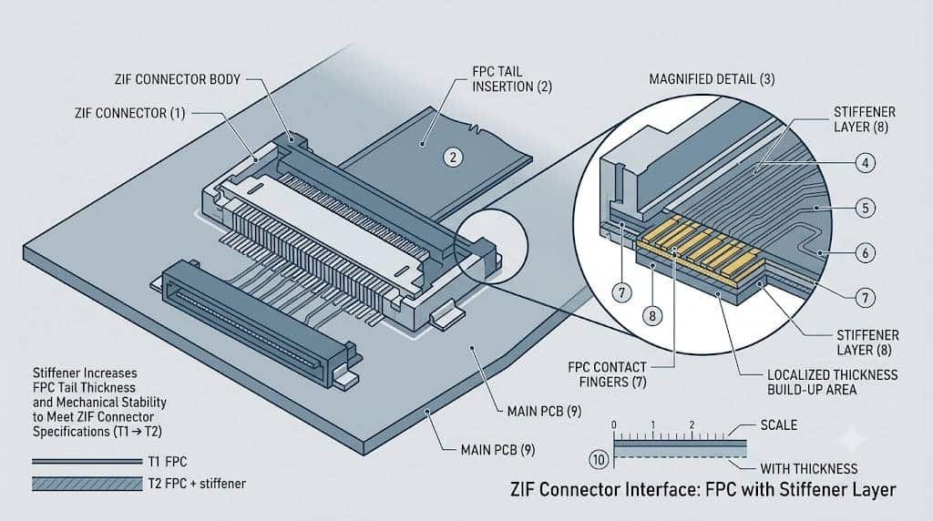 Flex PCB with stiffener under the ZIF connector contact area