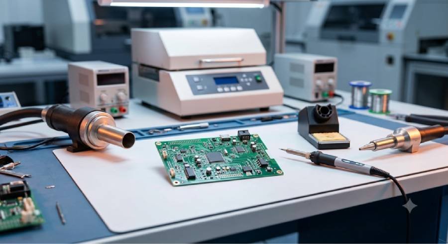 PCB on a workbench surrounded by reflow oven, wave soldering nozzle, selective soldering nozzle, and handheld soldering iron.