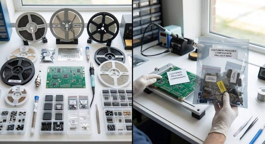 Bare PCB surrounded by electronic component reels and trays on one side, and customer-supplied components on the other.