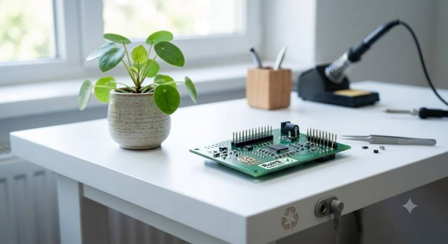 Green PCB with RoHS certification label placed next to a small plant on a clean workbench.