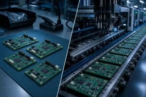 Cover image contrasting small-batch PCB assemblies with a high-volume SMT production line for low volume versus mass production PCB assembly