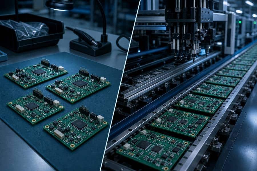 Cover image contrasting small-batch PCB assemblies with a high-volume SMT production line for low volume versus mass production PCB assembly