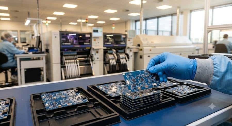 Gloved hand placing a finished blue PCB onto an anti-static tray in a clean electronics factory.