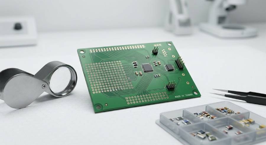 Partially assembled green PCB prototype on a workbench with magnifying glass and component tray nearby.