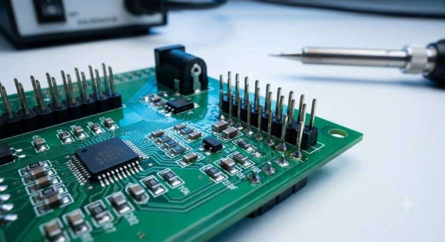 Macro close-up of a PCB showing both surface-mount components and through-hole connector pins.