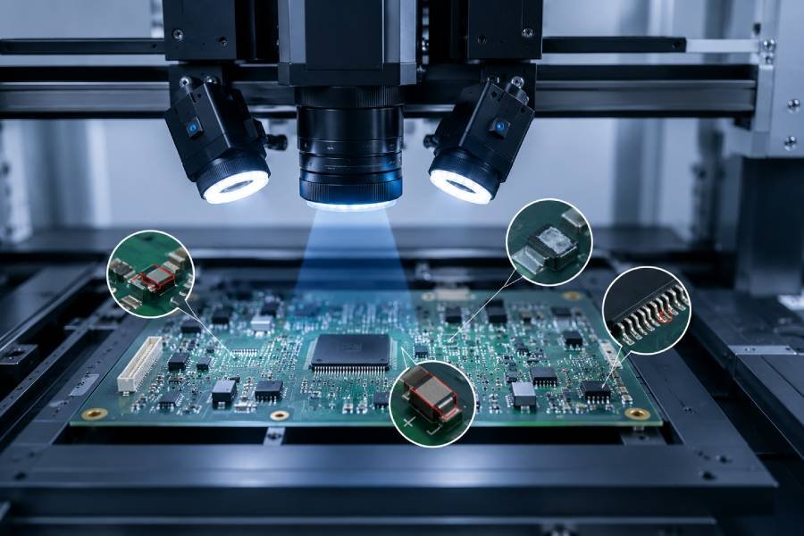 AOI system scanning a PCB surface for visible assembly defects.