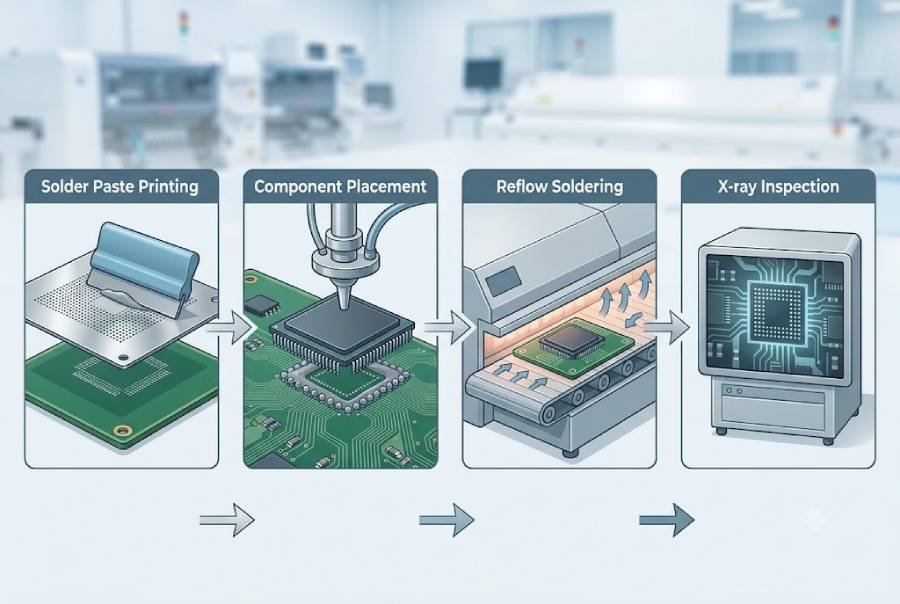 BGA assembly process flow showing solder paste printing, component placement, reflow soldering, and X-ray inspection.