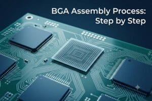 Technical blog cover showing a PCB with BGA packages and an X-ray style view of solder balls for the article BGA Assembly Process: Step by Step
