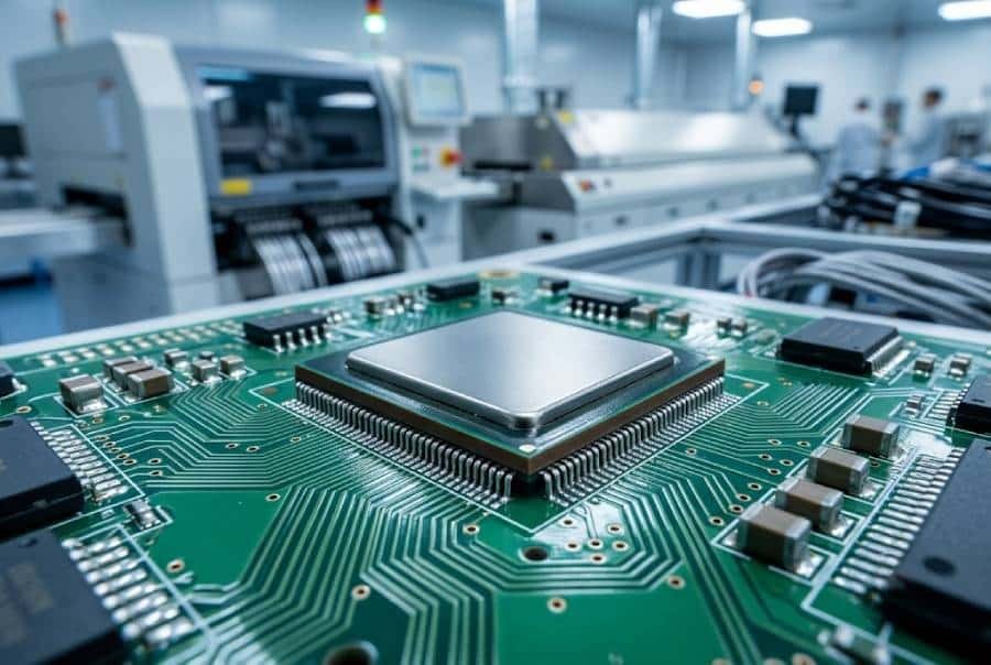 Ball Grid Array components mounted on a PCB used in high-density electronics manufacturing.