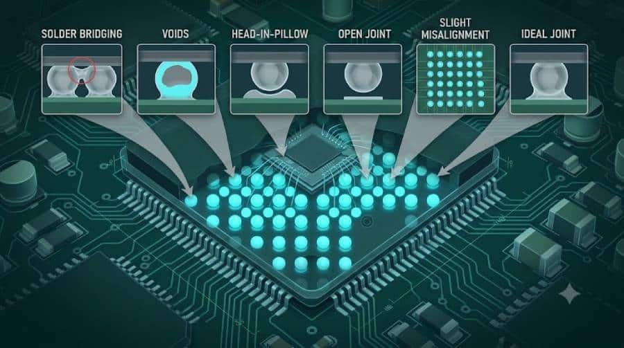 Technical illustration of common BGA soldering defects including bridging, voids, head-in-pillow, opens, and misalignment.